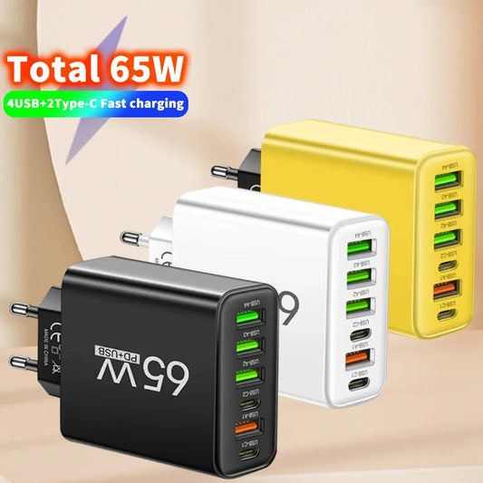 6 Ports 65W USB PD Charger Fast Charging Type C Phone Charger Adapter For iPhone Samsung Xiaomi USB C Quick Charge Wall Charger