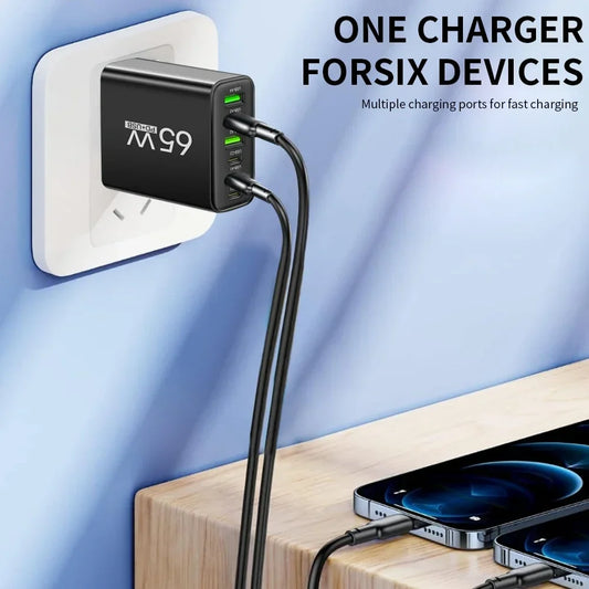 6 Ports 65W USB PD Charger Fast Charging Type C Phone Charger Adapter For iPhone Samsung Xiaomi USB C Quick Charge Wall Charger